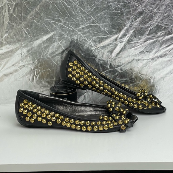 Miu Miu Open Toe Ballet Flats with Gold Studs and Ribbon Accents - Picture 3 of 12